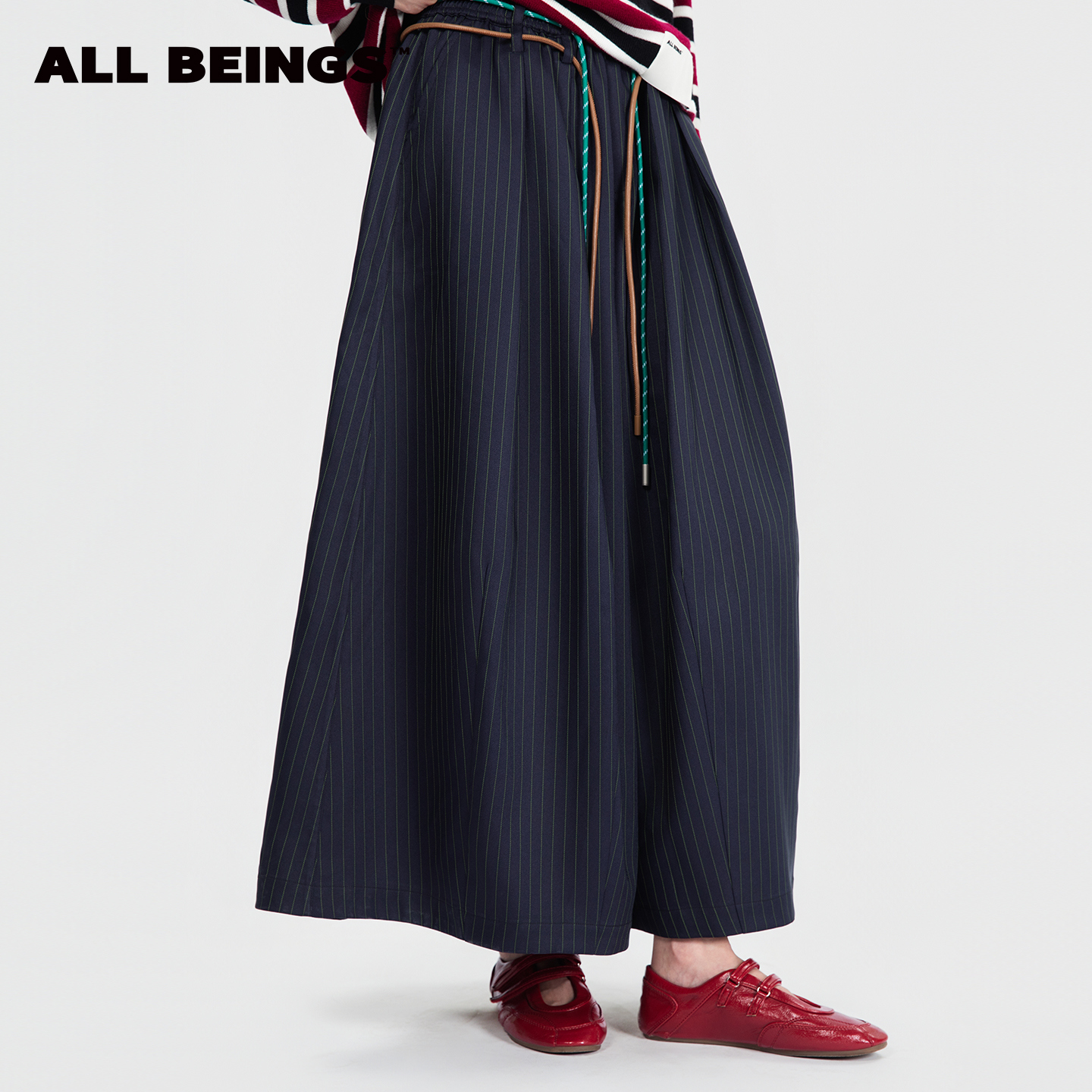ALL BEINGS25秋冬设计师新款阔腿百搭藏青条纹大摆抽绳裙裤