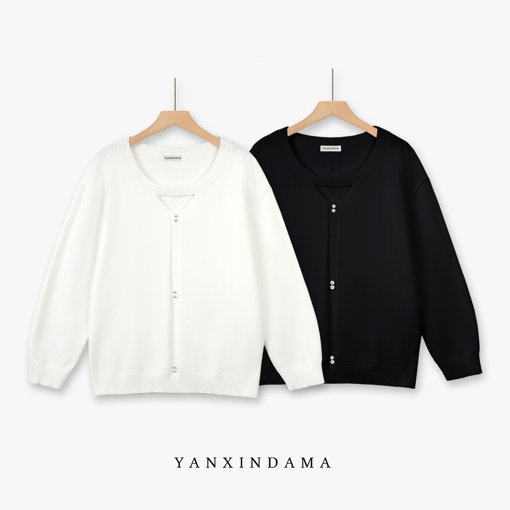 【岩心】大码女装300斤胖MM休闲简约百搭镂空钉珠宽松毛针织衫8028