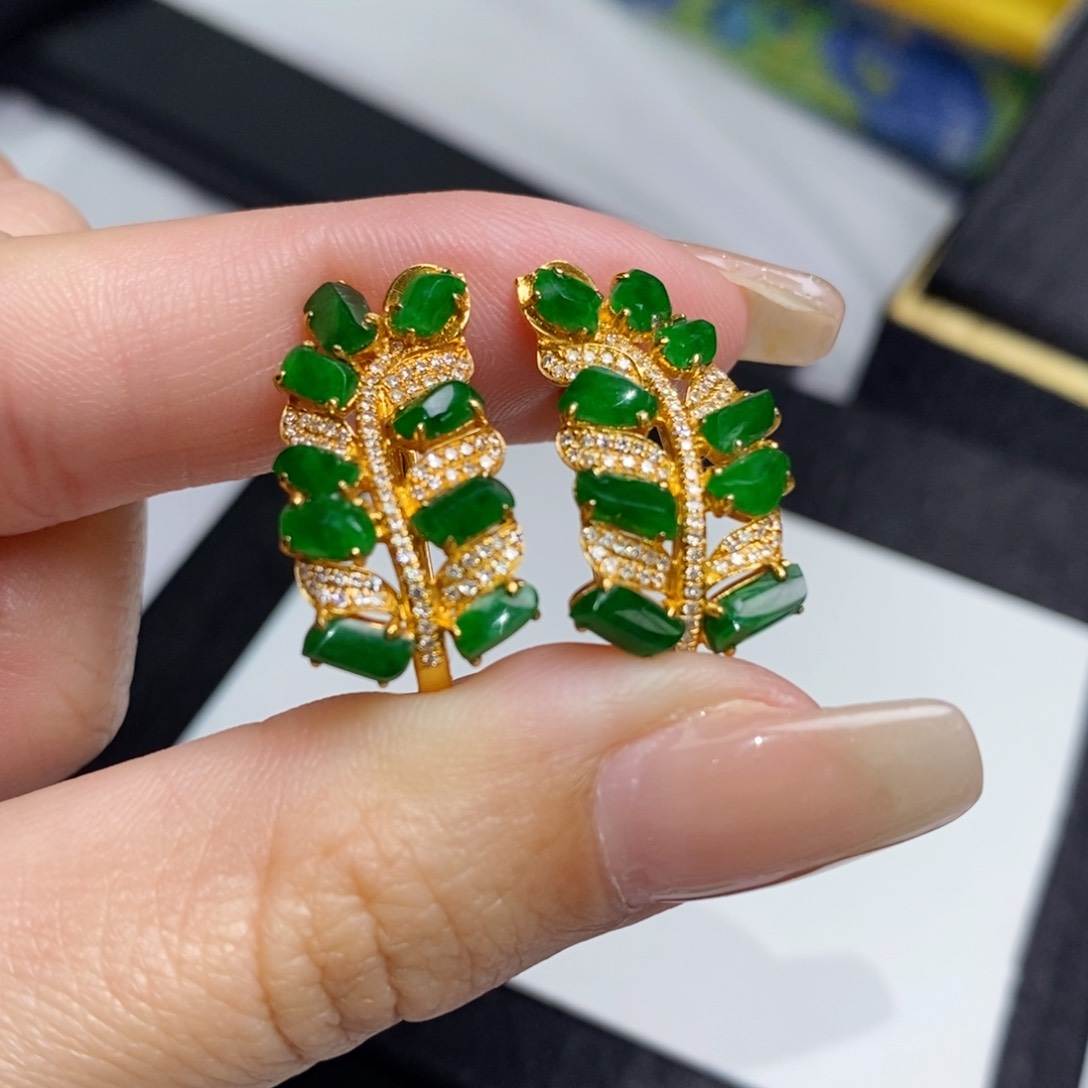 翡翠18K金镶嵌耳饰随形麦穗