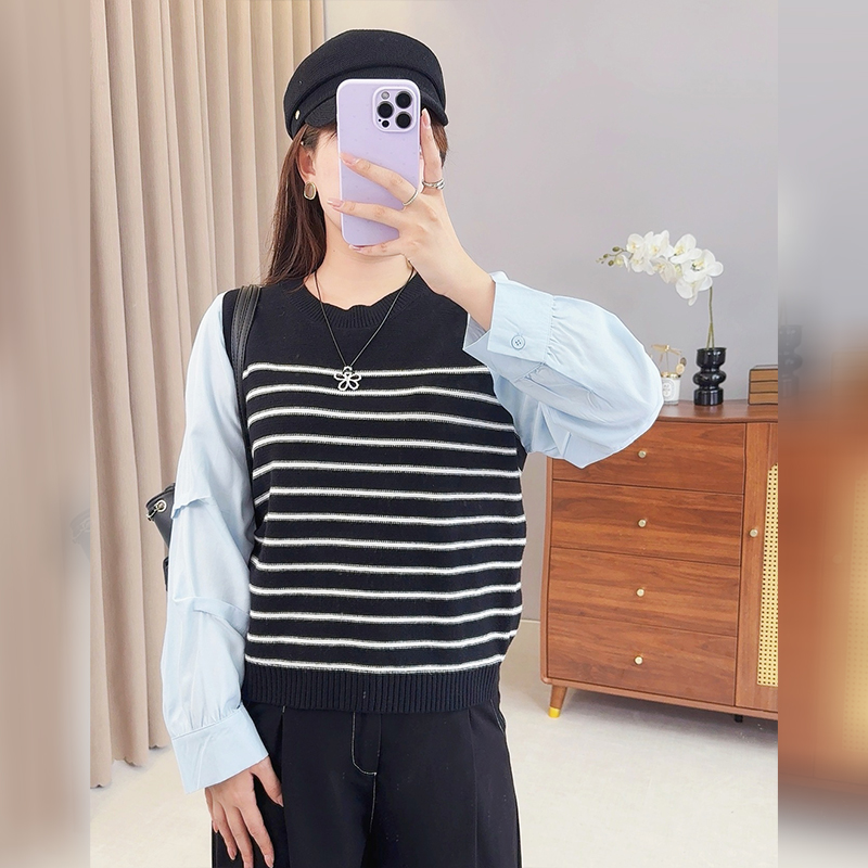 【霏霏专属】2025年大码女装胖MM显瘦时尚假两件条纹毛衣-F560