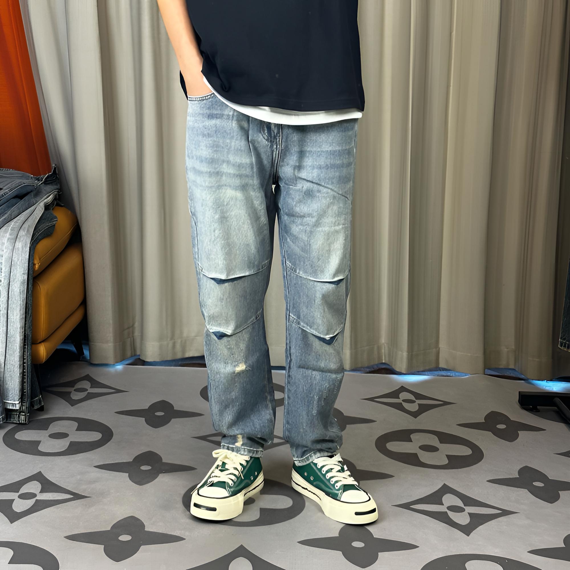 新款春夏季新款做旧水洗宽松直筒微锥裤个性美式潮牌学生牛仔裤男