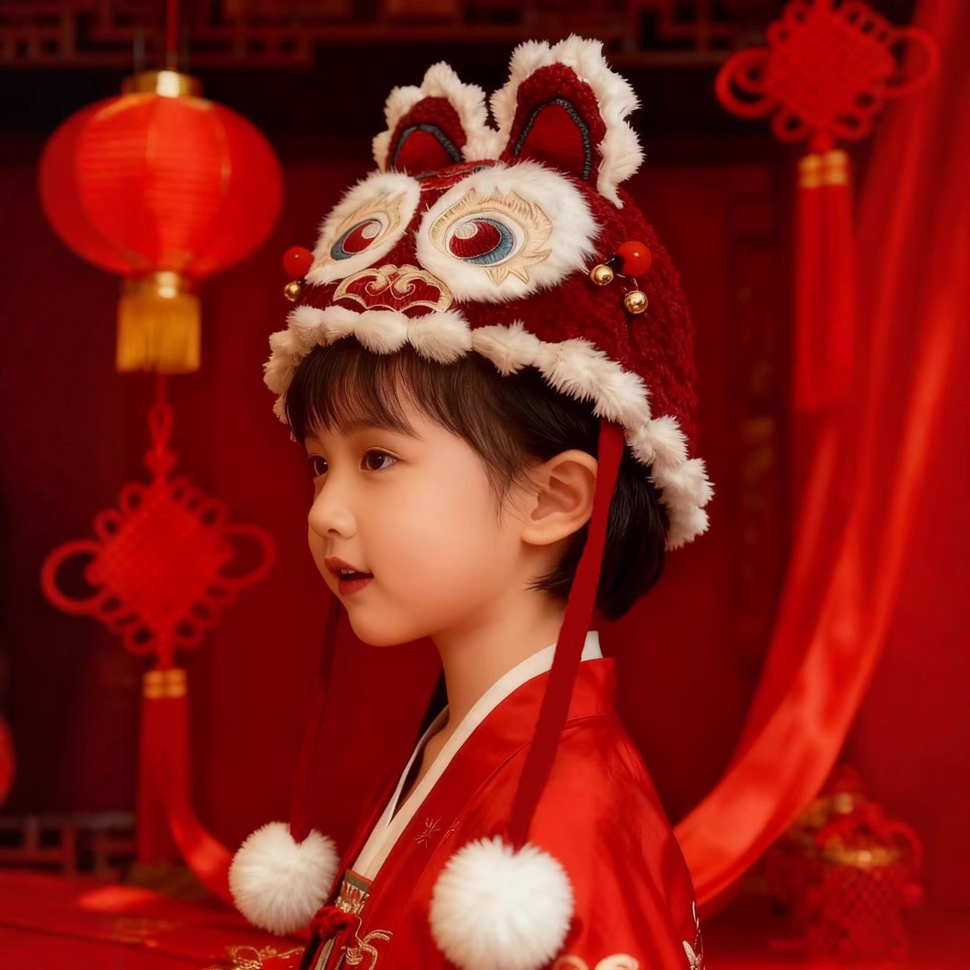 童锣湾原创设计过年国潮醒狮虎头帽新年限定重工刺绣款羊羔毛保暖