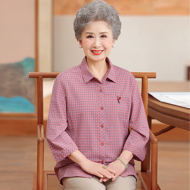 中老年女装春夏纯棉衬衫七分袖开衫60岁奶奶衬衣薄款老年小衫