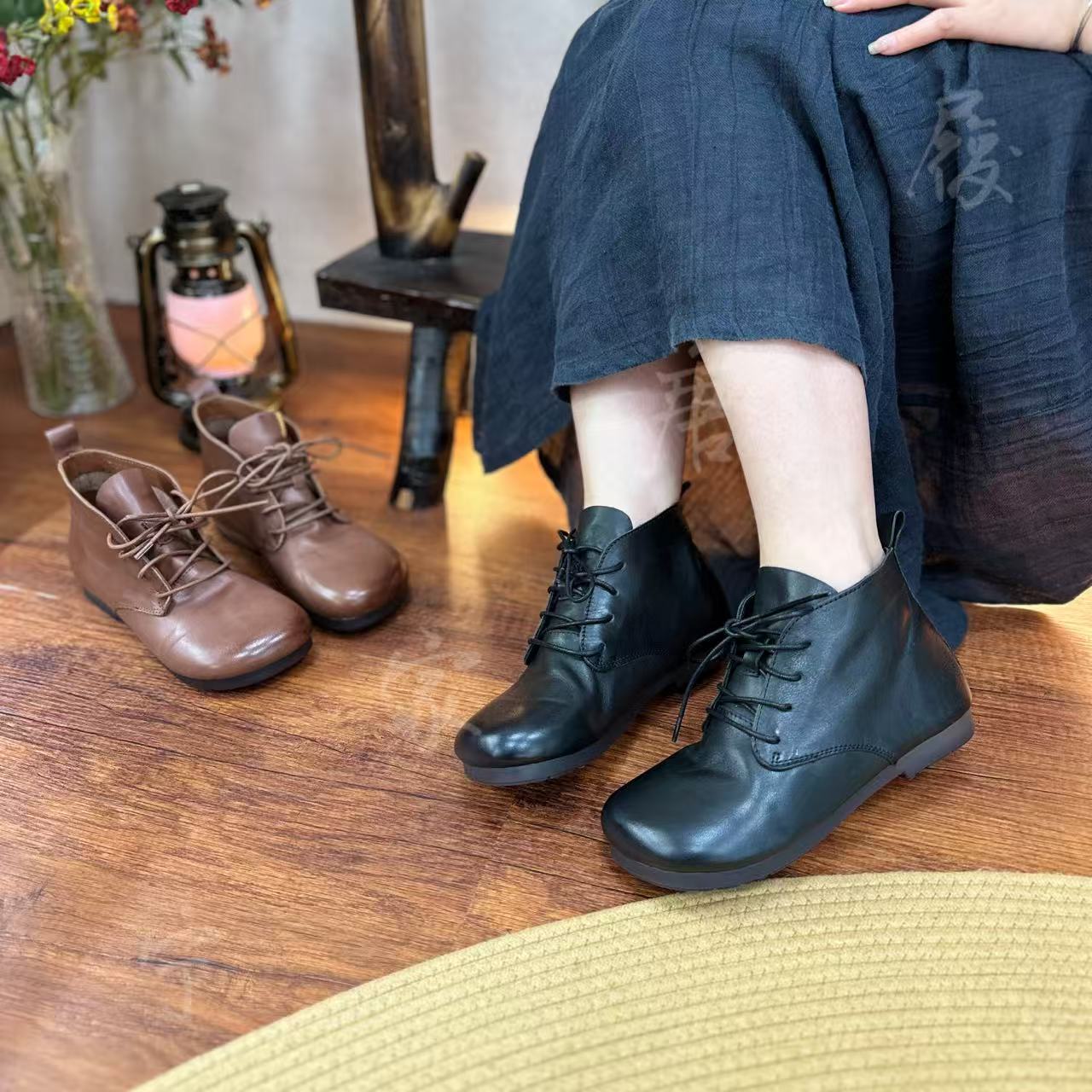 真皮女士平底系带休闲短靴软底复古百搭高帮圆头女士靴子035-16