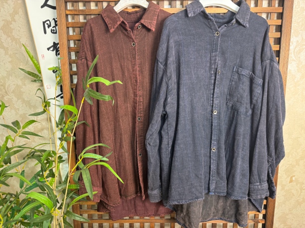 炒色做旧亚麻双层衬衫