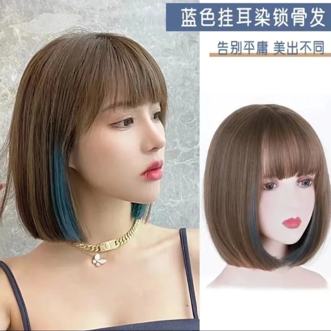 假发女短发挂耳染雾霾蓝奶奶灰波波头小清新挑蓝直发全头套
