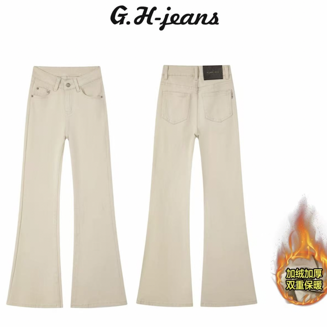 燕麦色冬季新款时尚百搭气质显瘦加绒加厚微喇牛仔裤3170