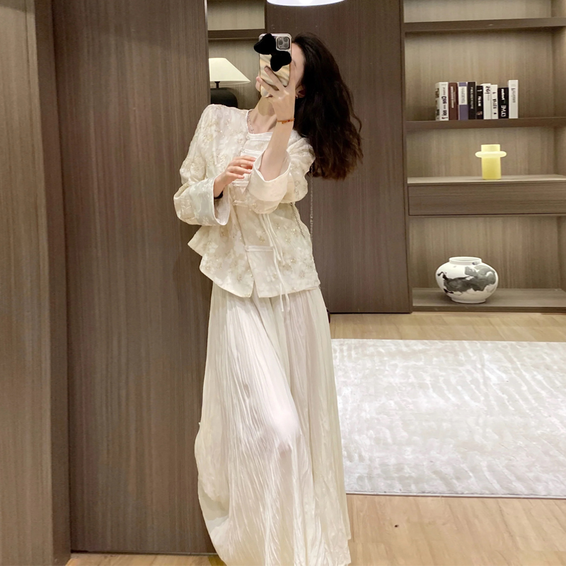 法式温柔风甜美新中式套装女春季小香风显瘦气质长袖蕾丝外套裙子