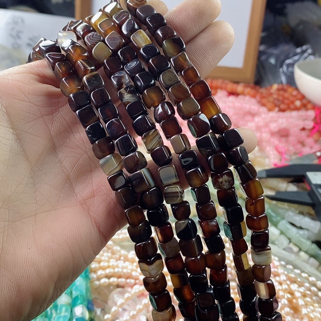 玛瑙/玉髓珠宝半成品合金一条咖啡玛瑙7mm微瑕方糖