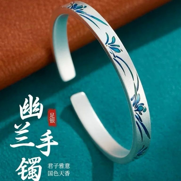 足银手镯 女士兰花手镯开口古法复古手工女款镯子