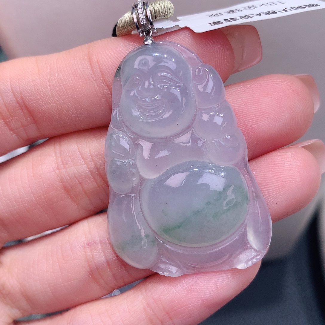 颈饰18K金镶嵌翡翠冰飘花布袋佛