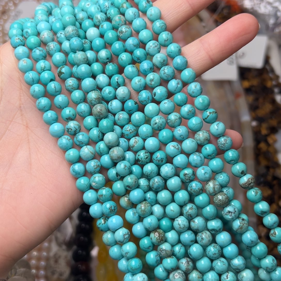 玛瑙/玉髓合金珠宝半成品L624。6.4mm浅绿圆珠一条