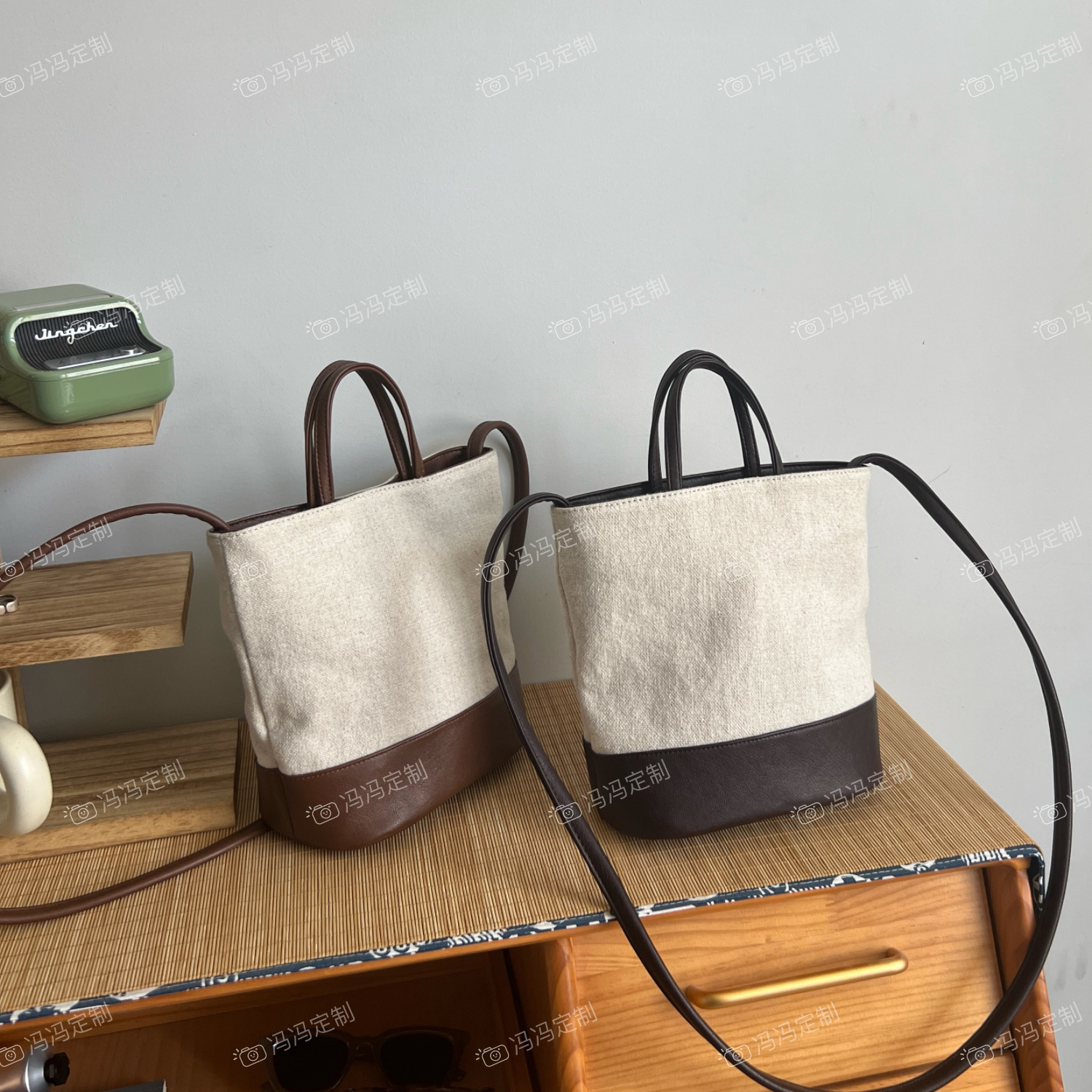 冯冯定制款水洗亚麻水桶包文艺撞色手提通勤包慵懒便携斜挎单肩包