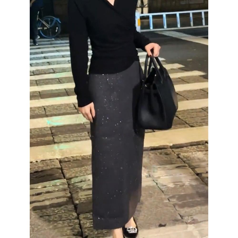 法式气质毛呢亮片中长款半身裙女2024秋冬新款高腰显瘦包臀直筒裙