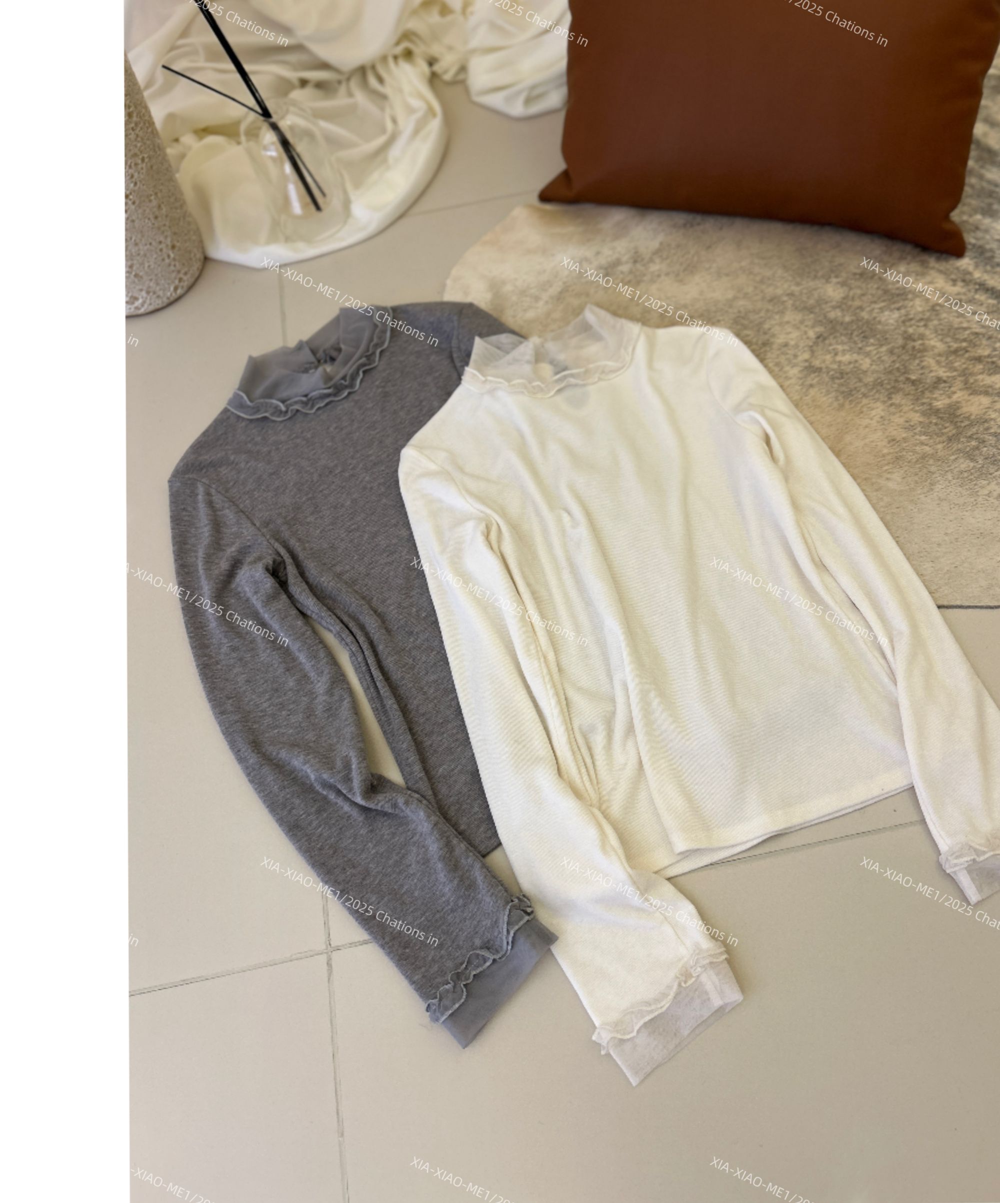 XIAOMEI ｜法式花边设计磨毛弹力T恤-5479