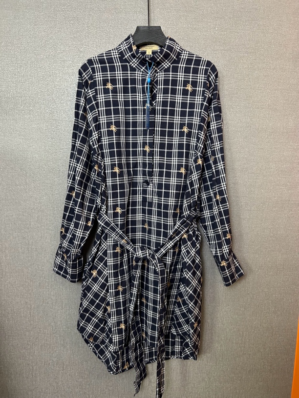 95新 BURBERRY/博柏利 蓝色格纹战马长袖衬衫连衣裙