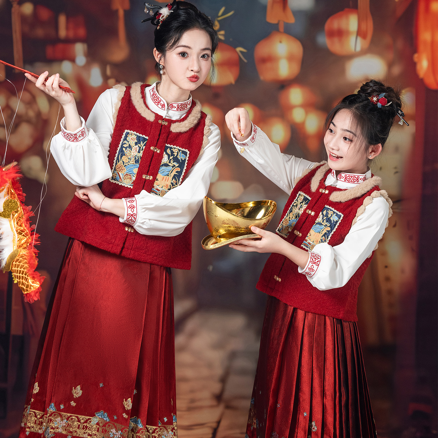 【忆江南】女童新中式秋冬加绒母女亲子马面裙红色过年明制汉服-9