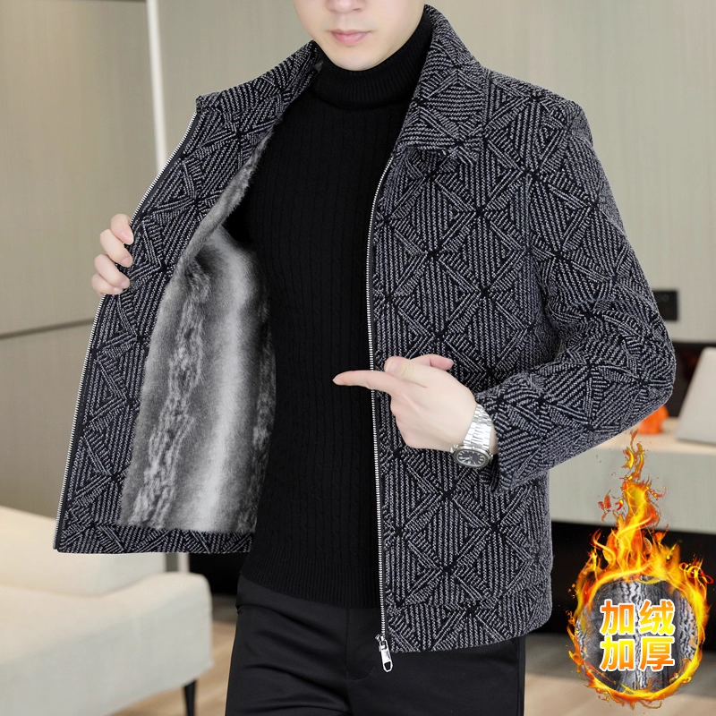 高端格子男士夹克外套男款秋冬季加绒加厚保暖修身翻领毛呢上衣服