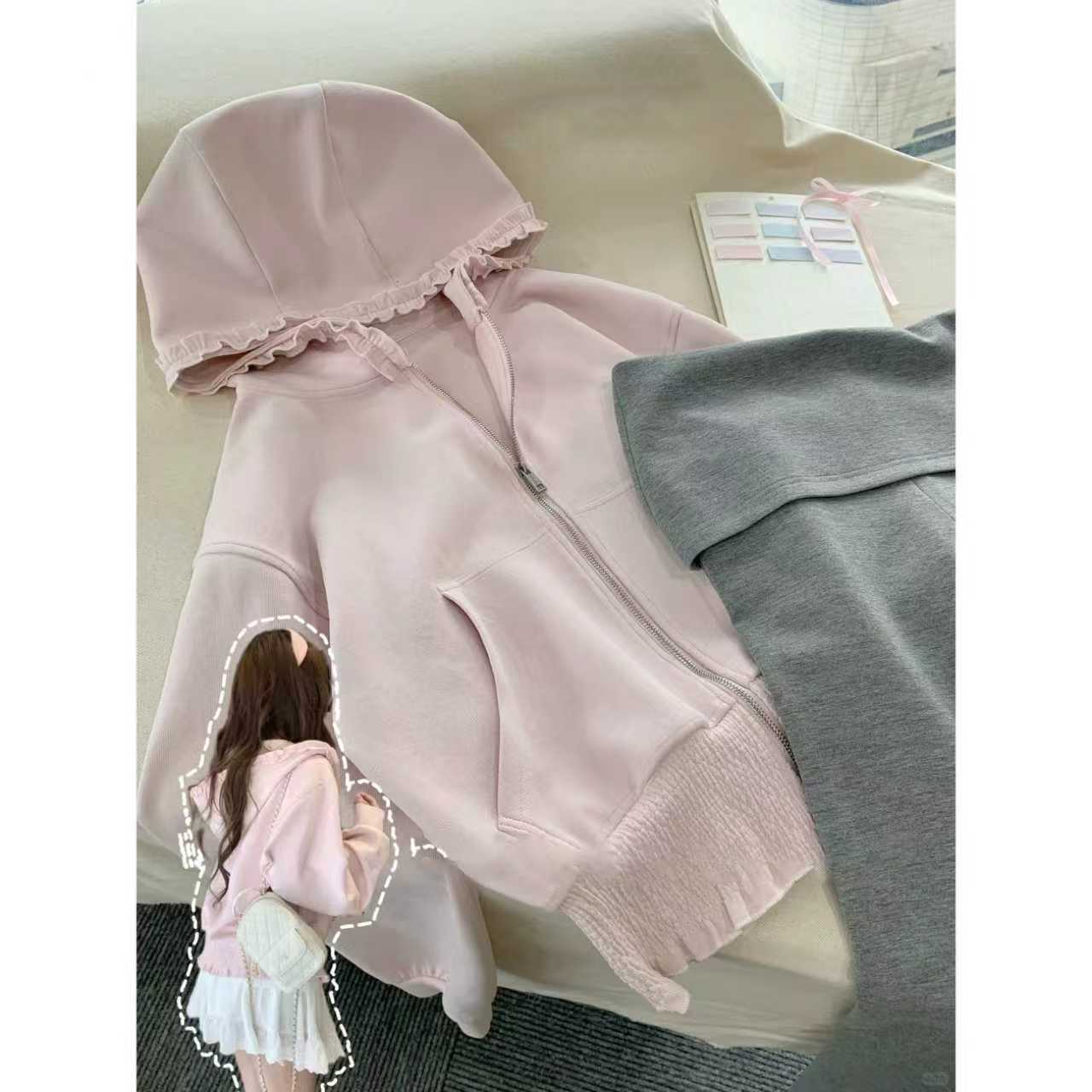 CKKOR韩版时尚花边连帽卫衣女秋冬新款设计感刺绣开衫外套上衣服 