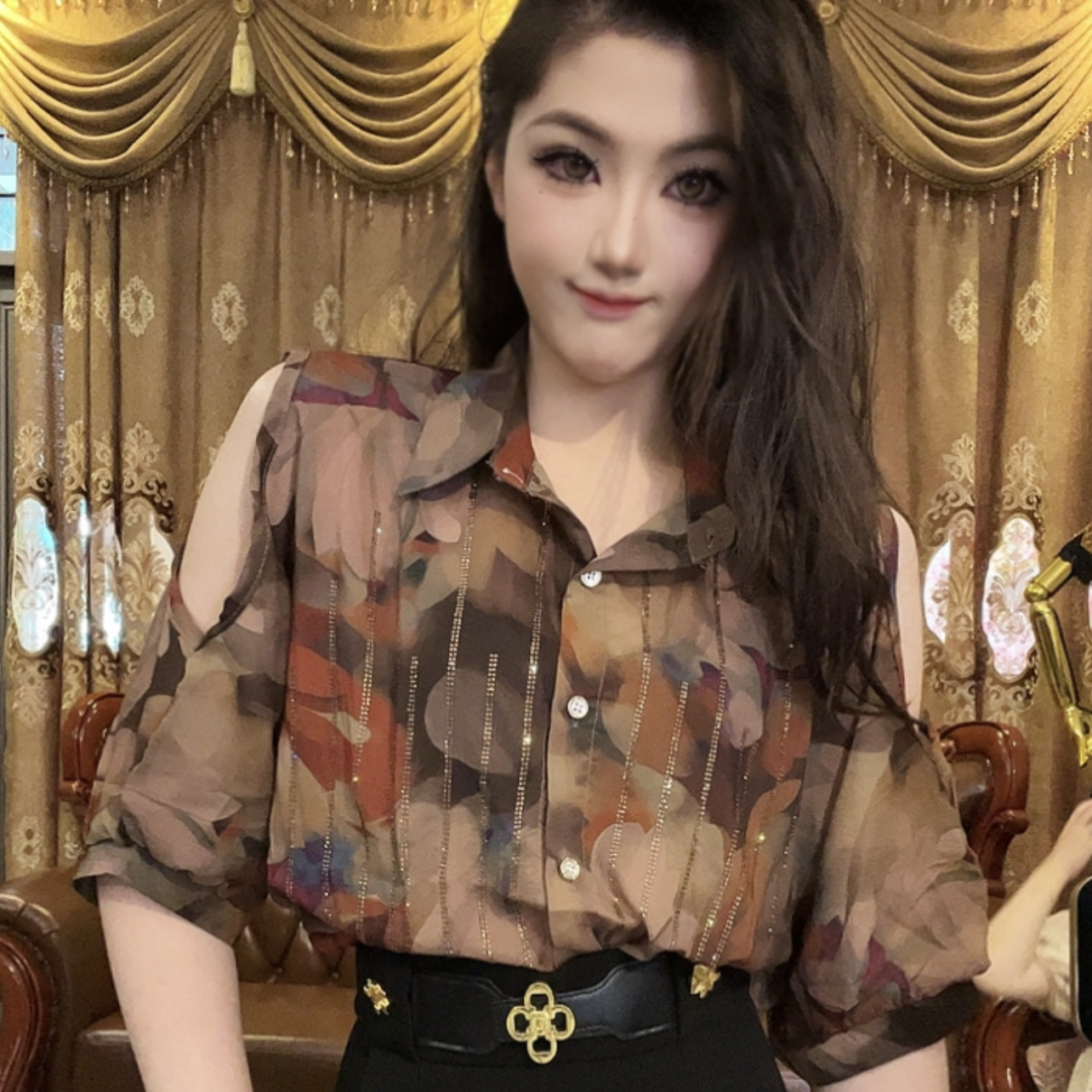 常规秋季系带短袖春季春夏衬衫衬衣印花百搭格子显瘦复古洋气