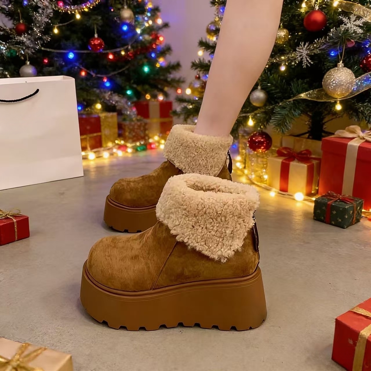 棉靴秋冬季加厚翻毛雪地靴短筒2025年新款时尚爆款小个子厚底靴
