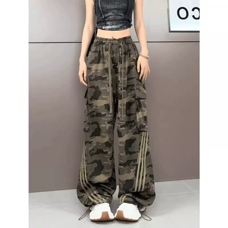美式条纹迷彩工装裤女薄款2024夏季新款休闲宽松显瘦直筒阔腿裤潮