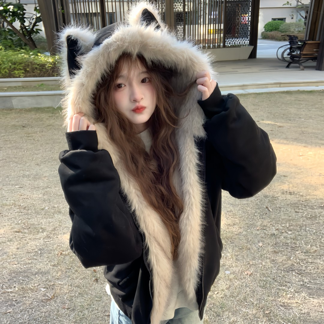可爱猫耳朵座山雕棉服女冬2025年新款加厚夹棉宽松棉衣冬季外套潮