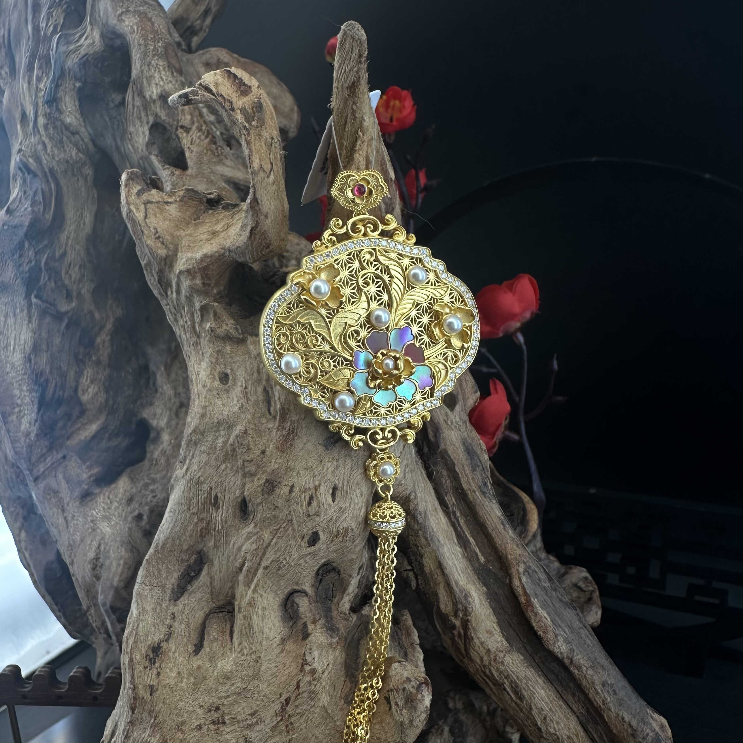 足金999镶嵌花开富贵流苏吊坠
