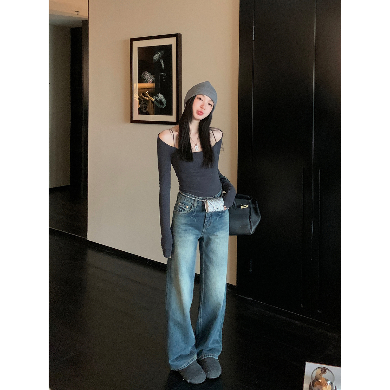 区区欧阳 静奢丹宁磨毛牛仔裤女冬季复古直筒长裤高腰显瘦阔腿裤