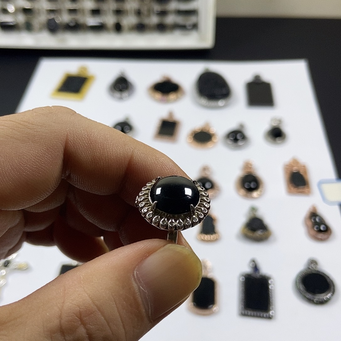 翡翠银S925镀金镶嵌戒指