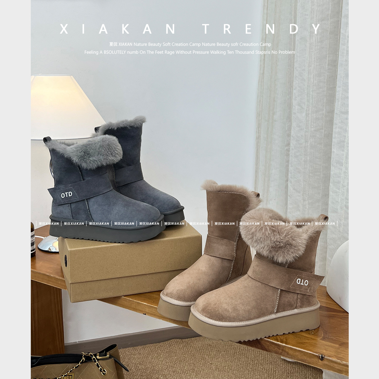 夏侃XIAKAN 零下初雪~增高5cm翻边厚底时尚短筒雪地靴女毛毛鞋潮