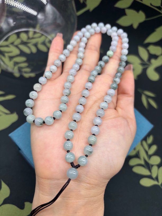 福利天然A货缅甸翡翠糯冰飘花圆珠6.4mm玉石挂件绳项链毛衣链百搭