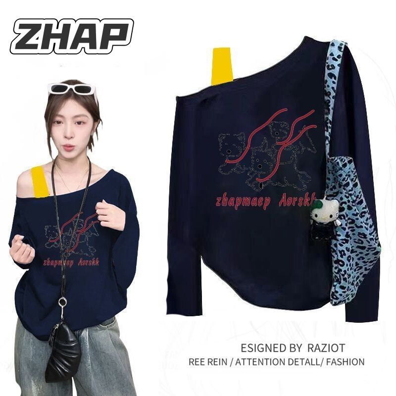 【ZHAP】斜领肩带长袖T恤女爆款穿搭秋冬款洋气收腰卡通百搭高级潮
