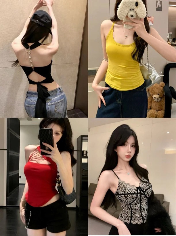 夏季辣妹风美背固定杯外穿性感纯欲ins风吊带蕾丝背心甜美网红爆