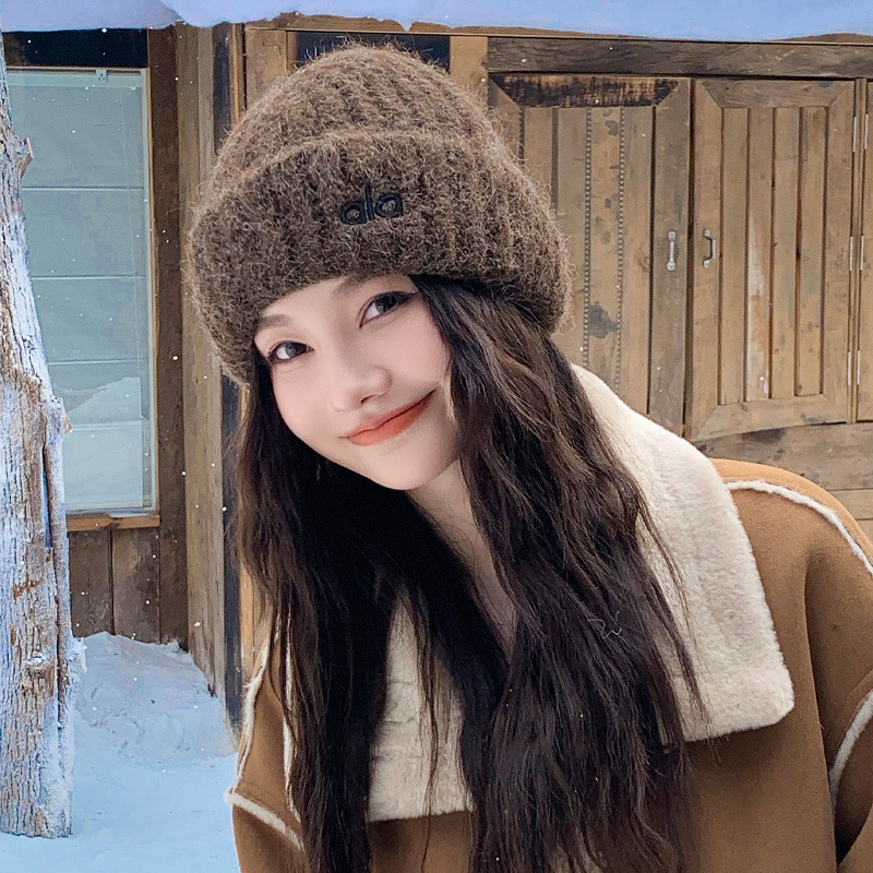 韩系软糯羊驼绒针织毛线帽子女冬季时尚百搭宽松保暖护耳包头帽潮