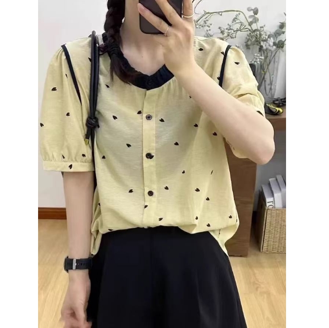2025夏季新款韩版爱心印花撞色气质显瘦小衫上衣#2516【衣长60】