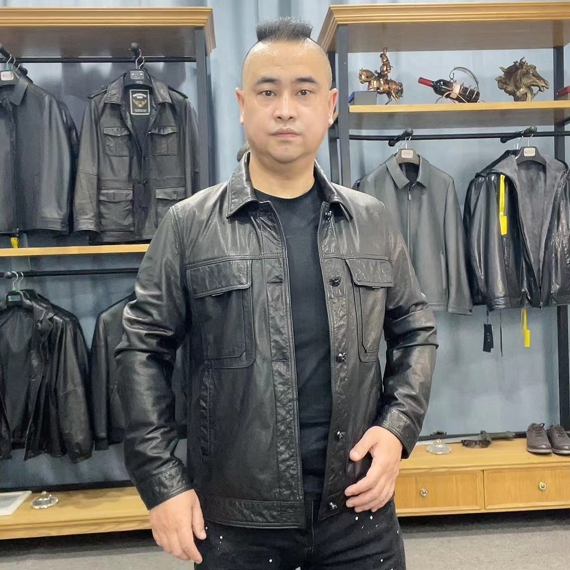 尼伯龙根8806男款真皮皮衣油蜡牛皮翻领休闲夹克单排扣门襟假口袋