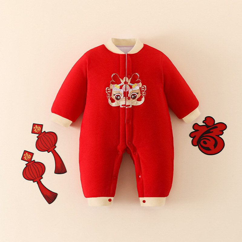冬季150g纯棉拜年新生婴儿连体衣儿宝宝满月百天周岁长袖哈衣红