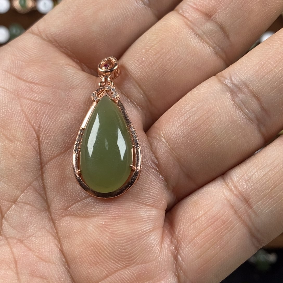 和田玉（青白玉）戒指银S925镀金镶嵌