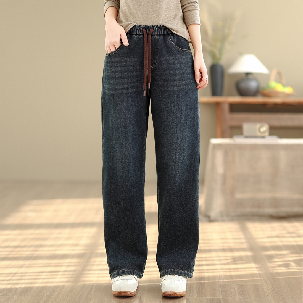 （现货）秋冬胖妹妹显瘦加绒抽绳高腰大码牛仔直筒裤女休闲百搭深色