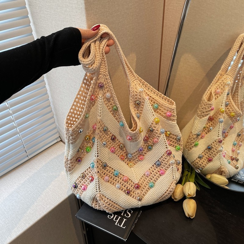 手工粗线编织手提包跨境新款大容量条纹单肩包韩版洋气度假沙滩包