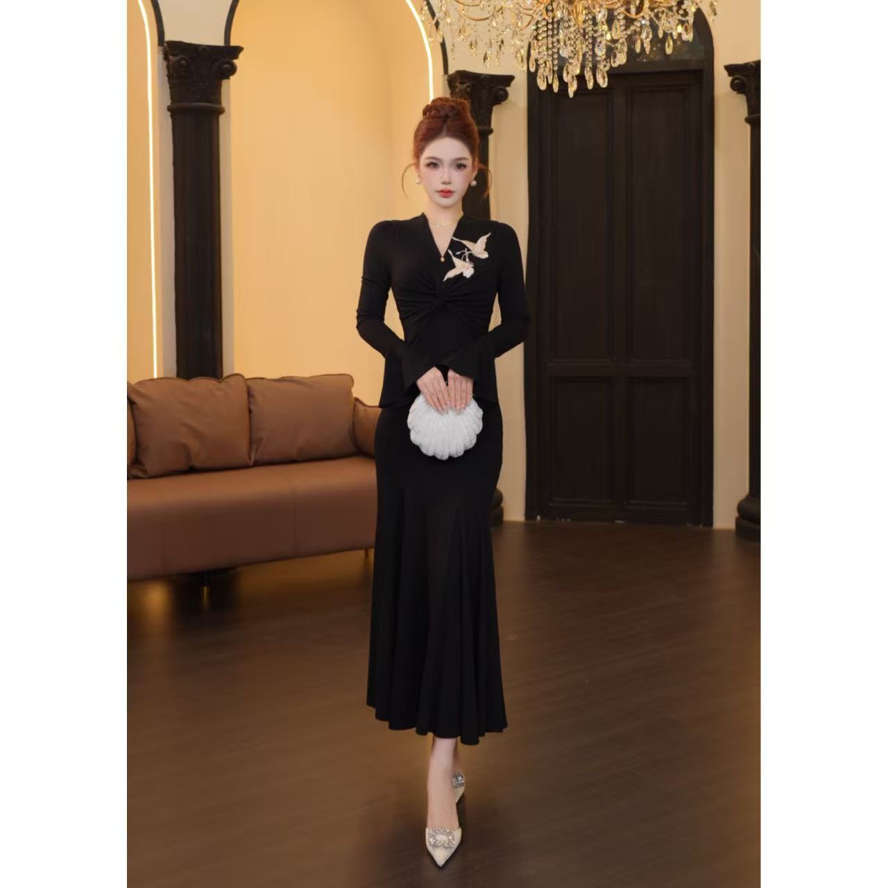 【温迪专属】A-111修身V领连衣裙礼服中国风名媛收腰X1687