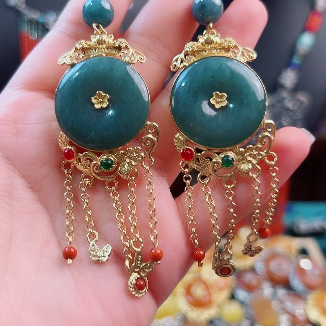 翡翠银S925镶嵌耳饰国风