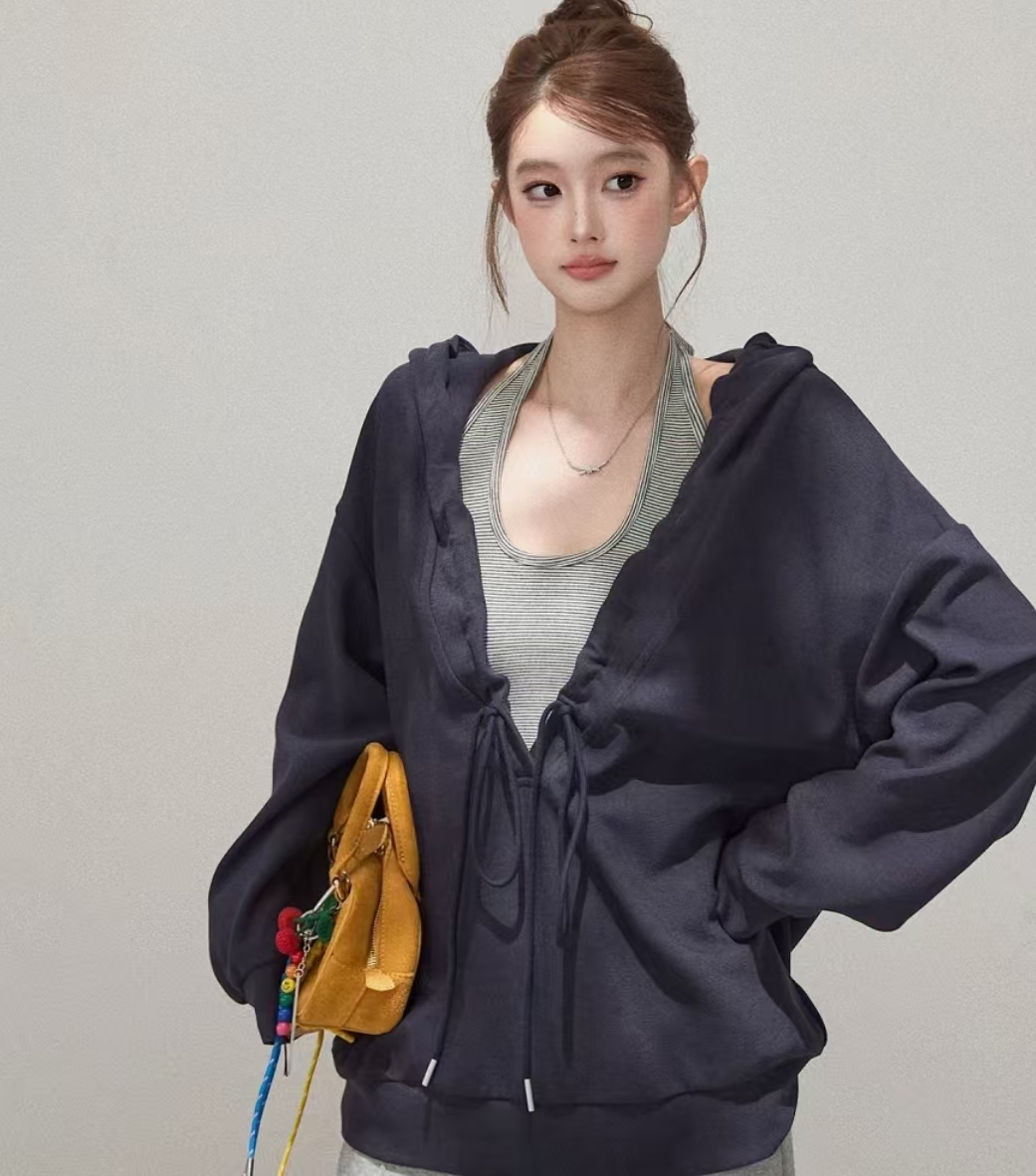 连帽秋季宽松抽绳卫衣条纹吊带衫两件套女2025秋冬季百搭显瘦上衣