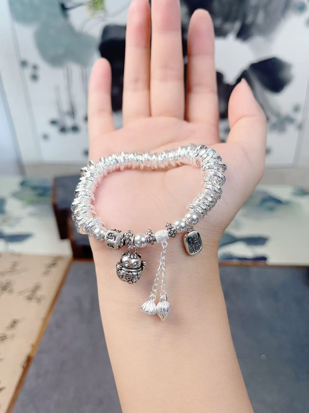 足银手链 足银手链 招财猫盘缠六字真言手链两世欢手串男女款