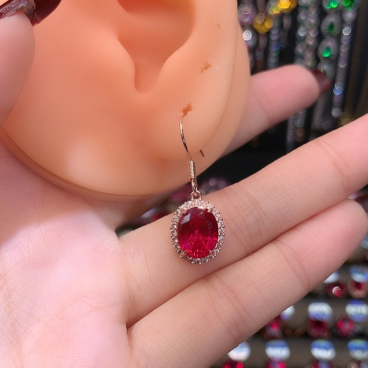 红宝石耳饰银S925镶嵌1