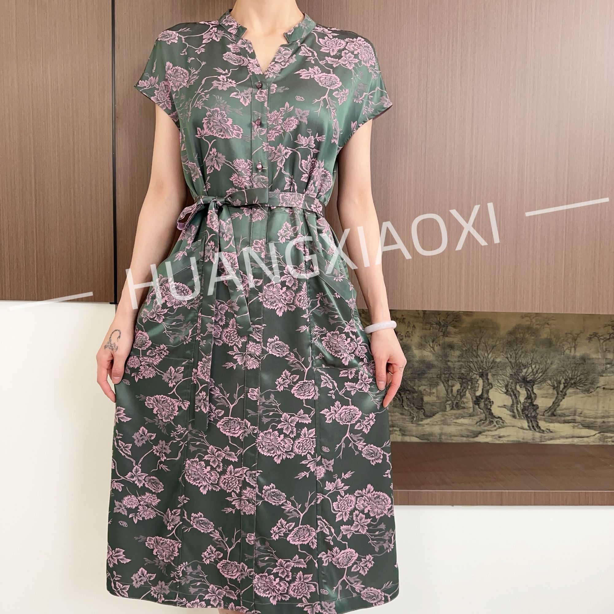 HUANGXIAOXI 花开富贵色织提花单层双面双穿短袖连衣裙ZF-047