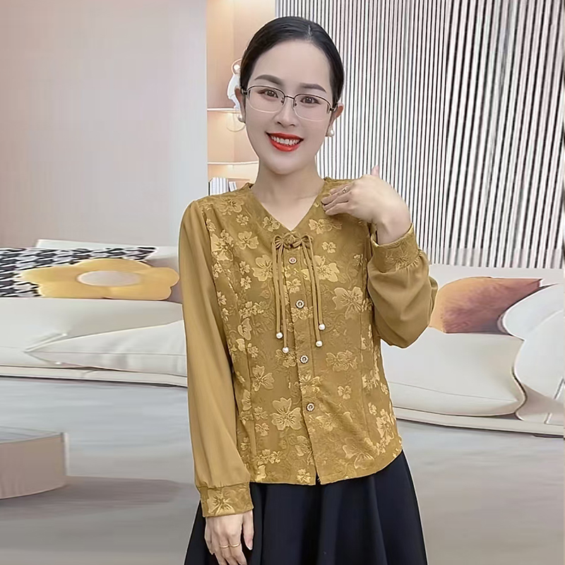 秋季新款中老年女装打底衫洋气修身V领长袖上衣服中国风提花小衫