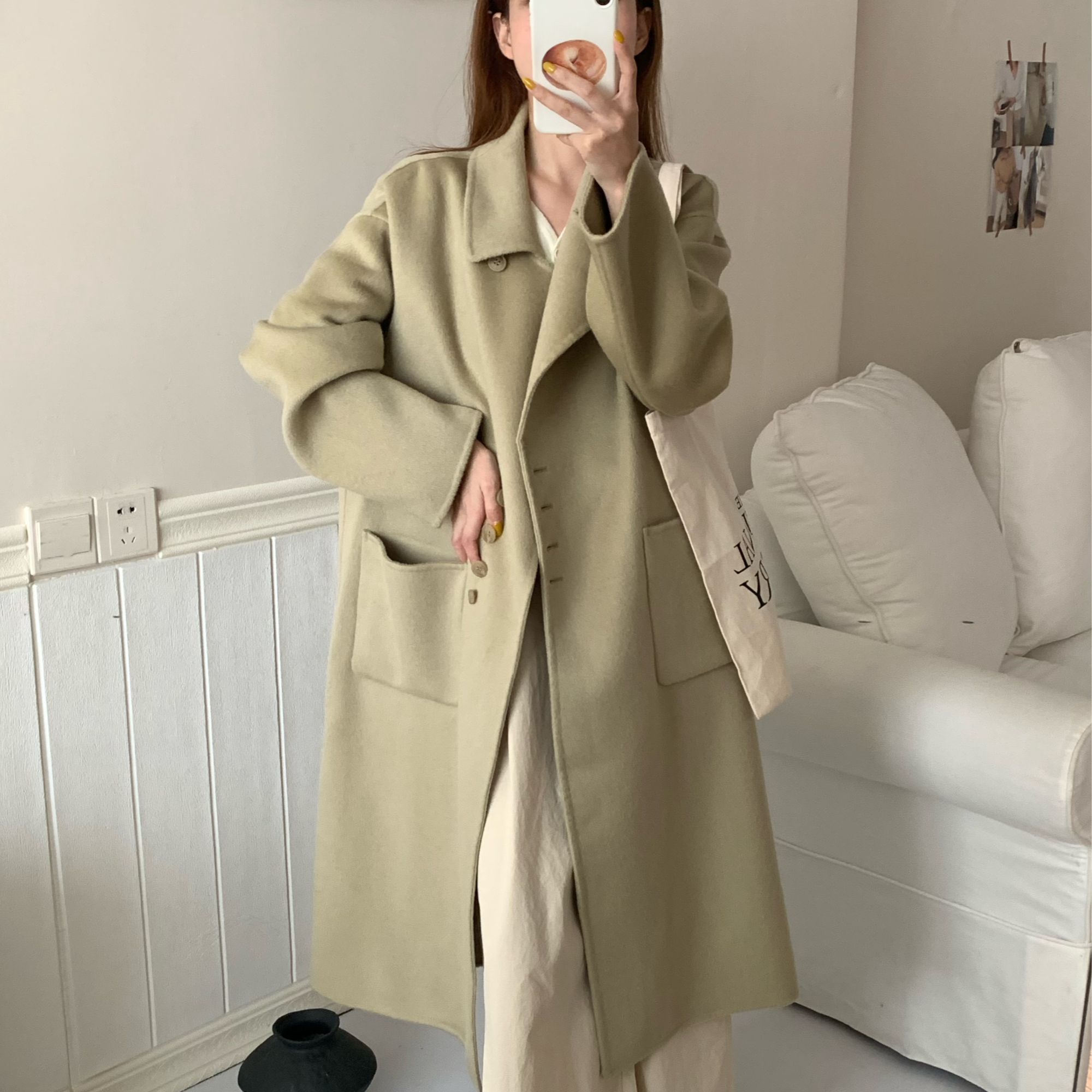 春秋小个子设计师宽松显瘦纯羊毛百搭中长款气质小翻领双面呢大衣