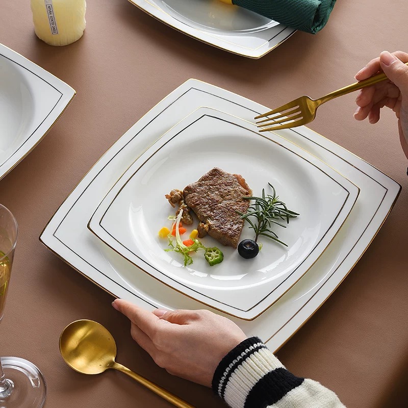 景德镇高温骨瓷8英寸天元深盘【金边轻奢蒸鱼西餐意面盘】汤菜盘